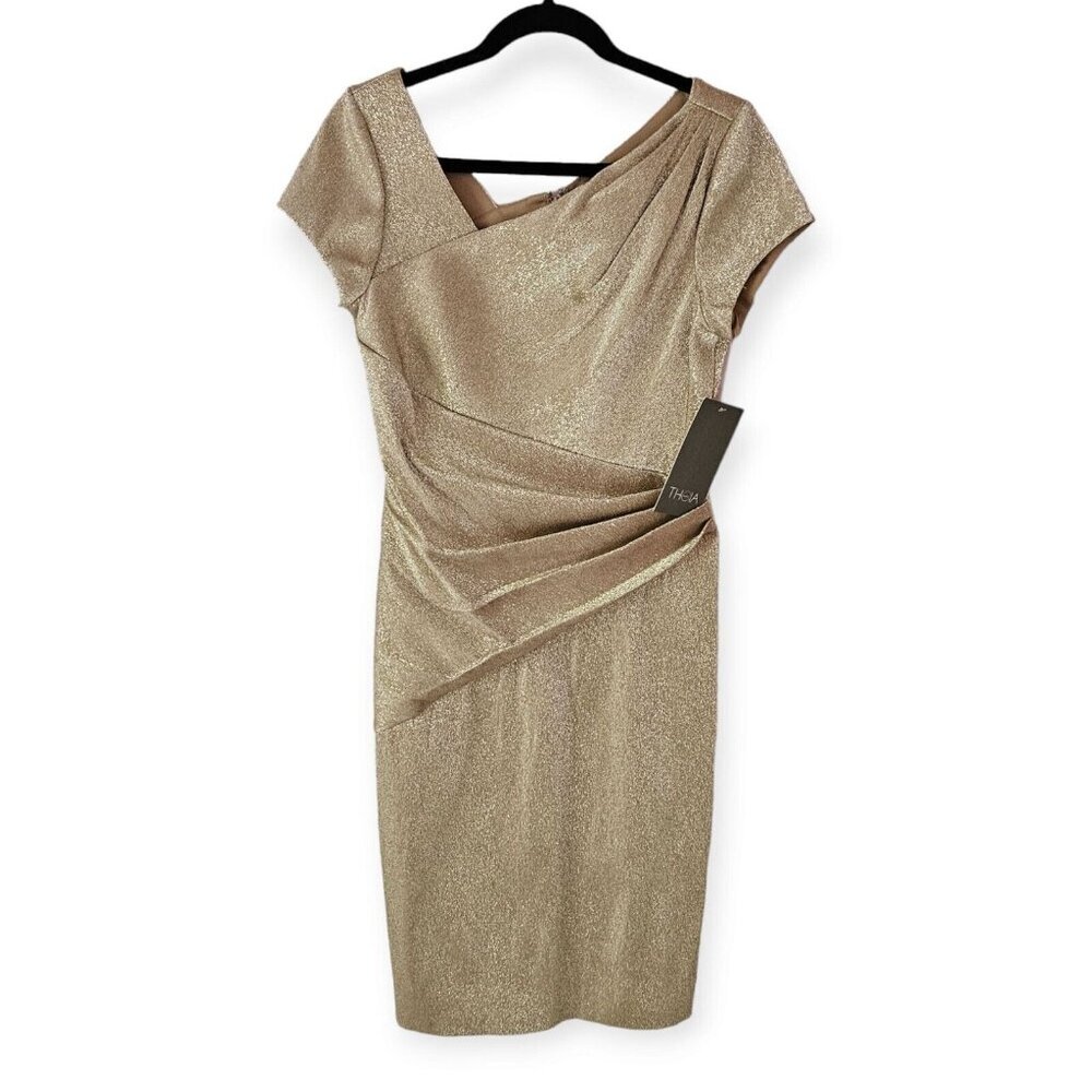 THEIA Gold Sparkle draped short sleeve midi party cocktail dress size 8 NWT - Picture 2 of 13